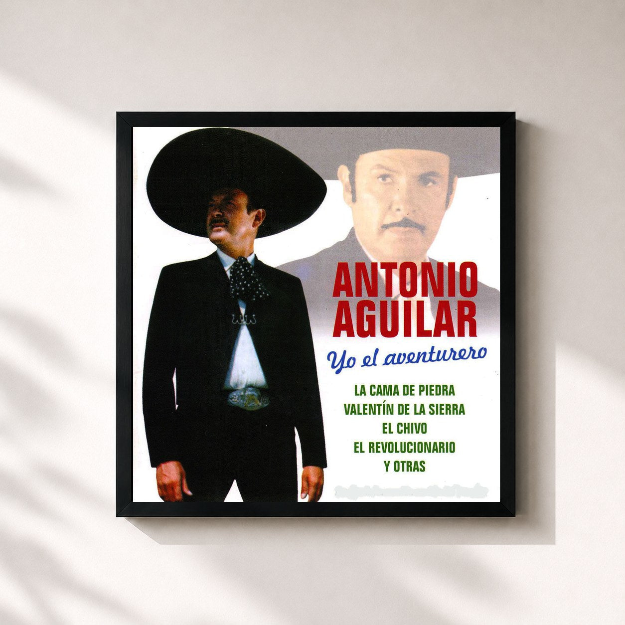 #noir Tableau carré de l'album Yo el Aventurero de Antonio Aguilar, cadre noir 32x32 cm