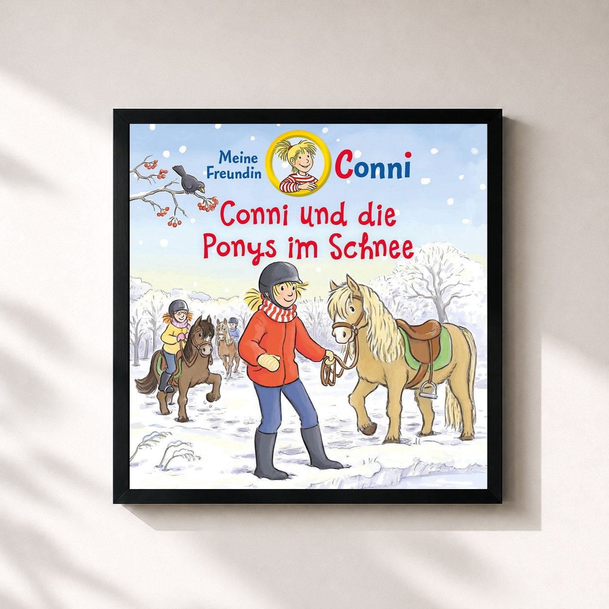 #noir Tableau carré de l'album Conni und die Ponys im Schnee de Conni, cadre noir 32x32 cm