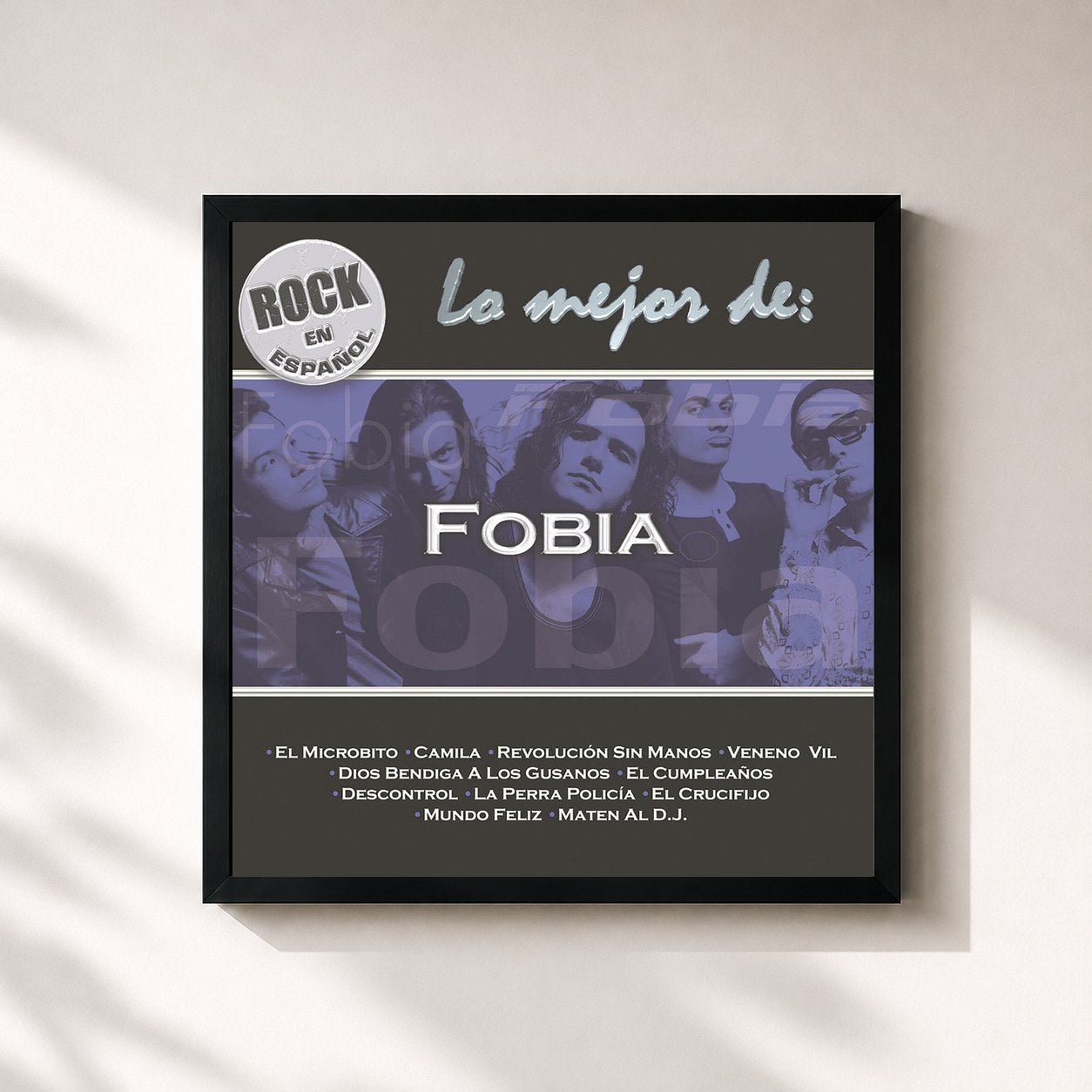#noir Tableau carré de l'album Lo Mejor de Fobia de Fobia, cadre noir 32x32 cm