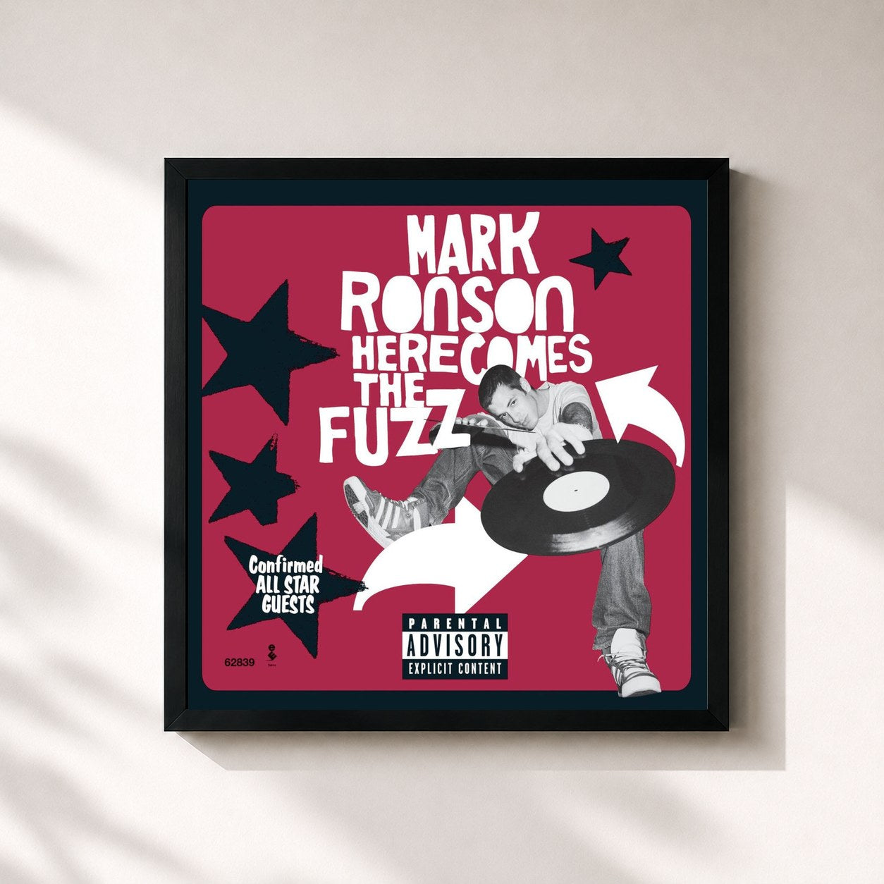 #noir Tableau carré de l'album Here Comes The Fuzz de Mark Ronson, cadre noir 32x32 cm