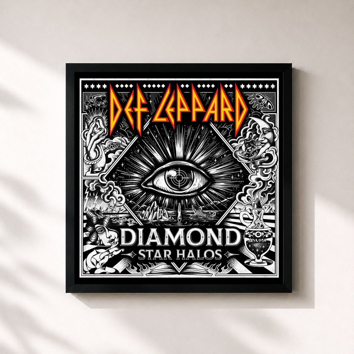 #noir Tableau carré de l'album Diamond Star Halos de Def Leppard, cadre noir 32x32 cm