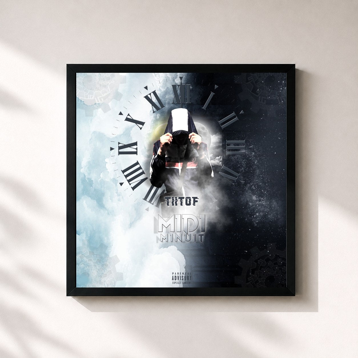 #noir Tableau carré de l'album Midi minuit de Tiitof, cadre noir 32x32 cm