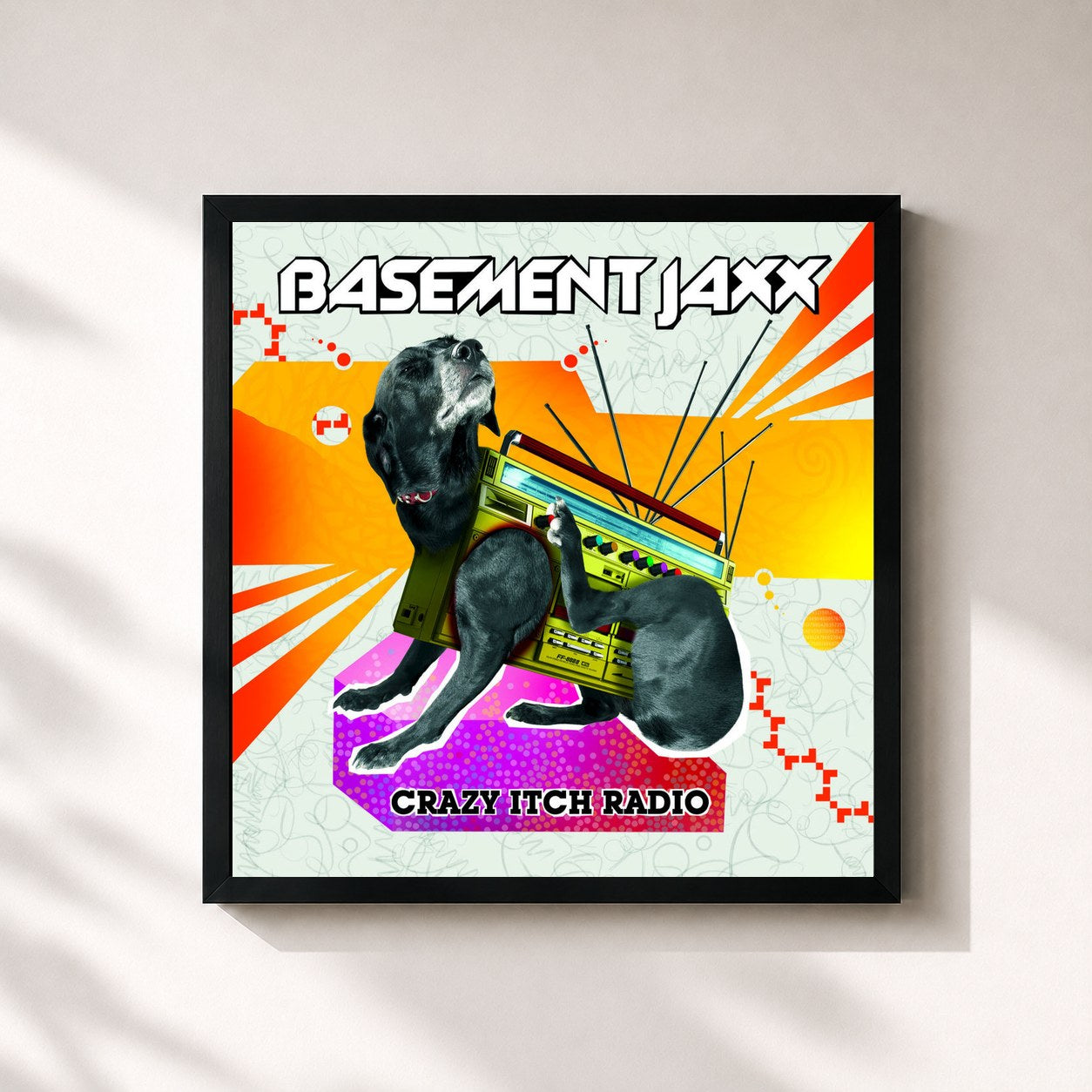 #noir Tableau carré de l'album Crazy Itch Radio de Basement Jaxx, cadre noir 32x32 cm