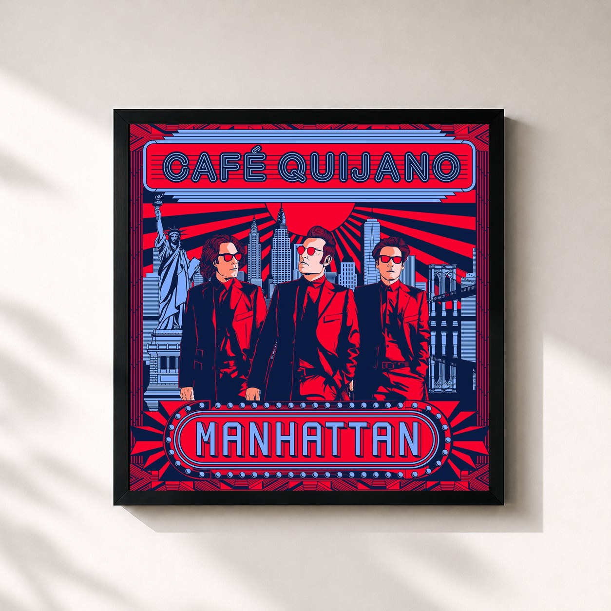 #noir Tableau carré de l'album Manhattan de Café Quijano, cadre noir 32x32 cm