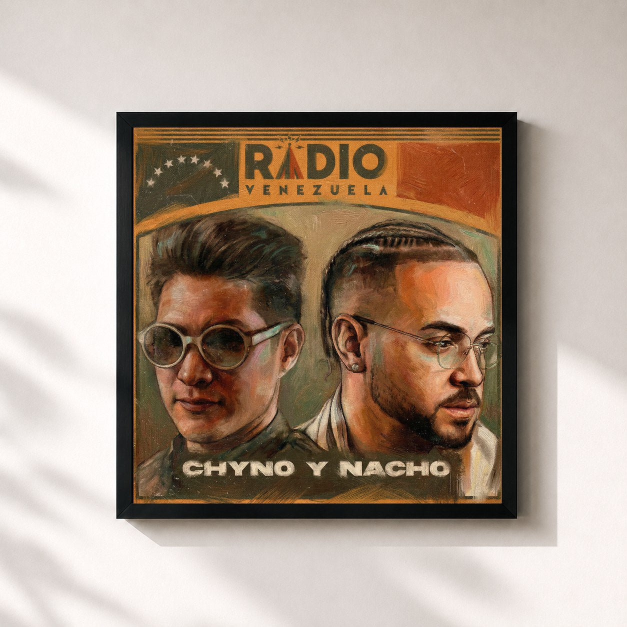 #noir Tableau carré de l'album RADIO VENEZUELA de Chino & Nacho, cadre noir 32x32 cm