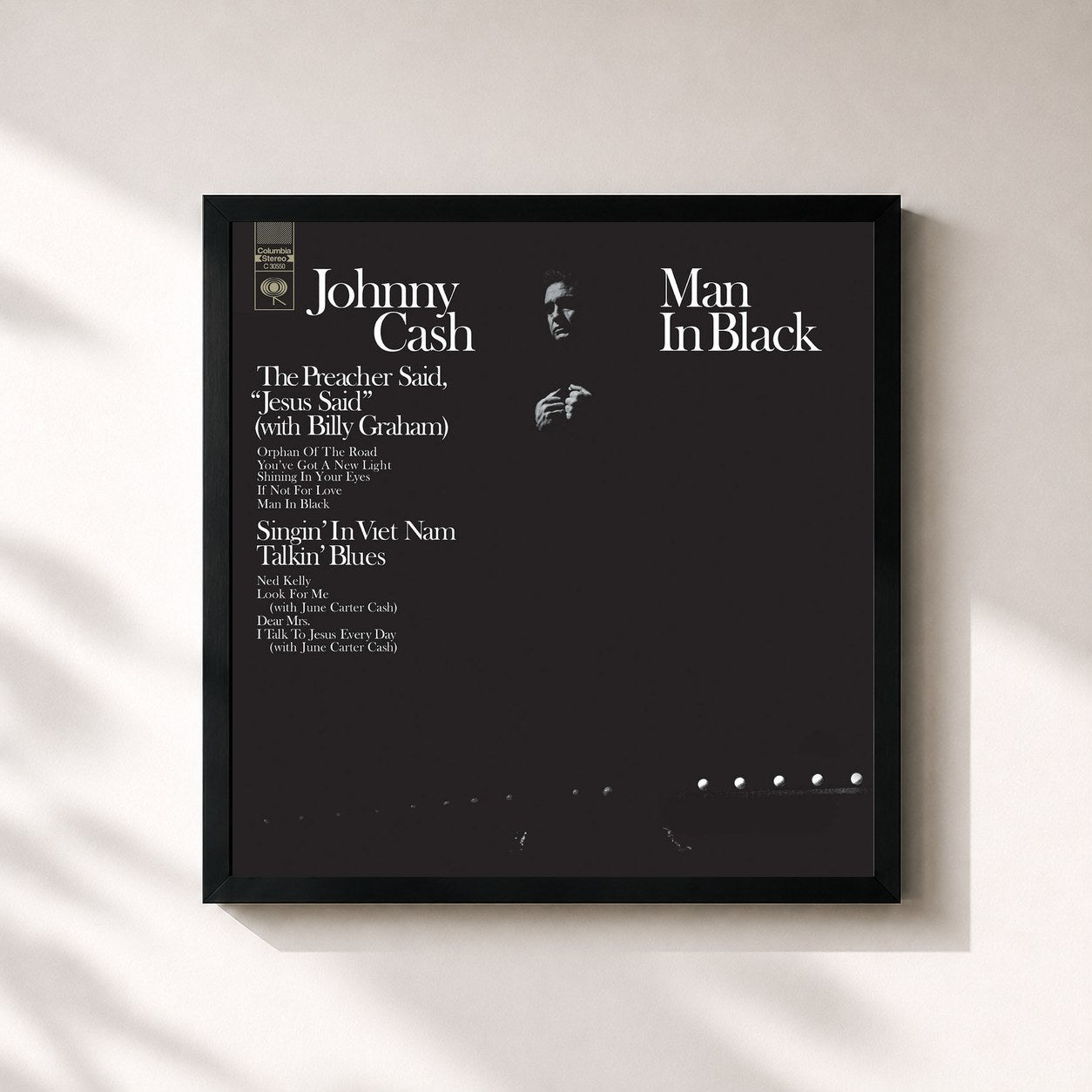 #noir Tableau carré de l'album Man In Black de Johnny Cash, cadre noir 32x32 cm