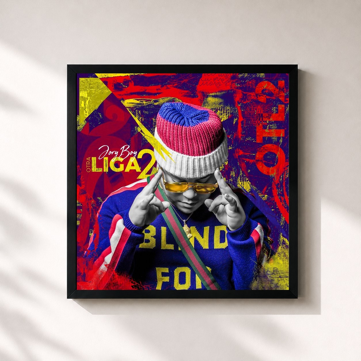 #noir Tableau carré de l'album Otra Liga 2 de Jory Boy, cadre noir 32x32 cm