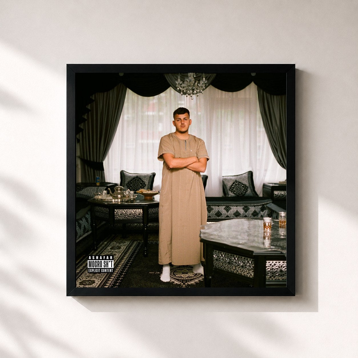 #noir Tableau carré de l'album Mocro Sh*t de Ashafar, cadre noir 32x32 cm
