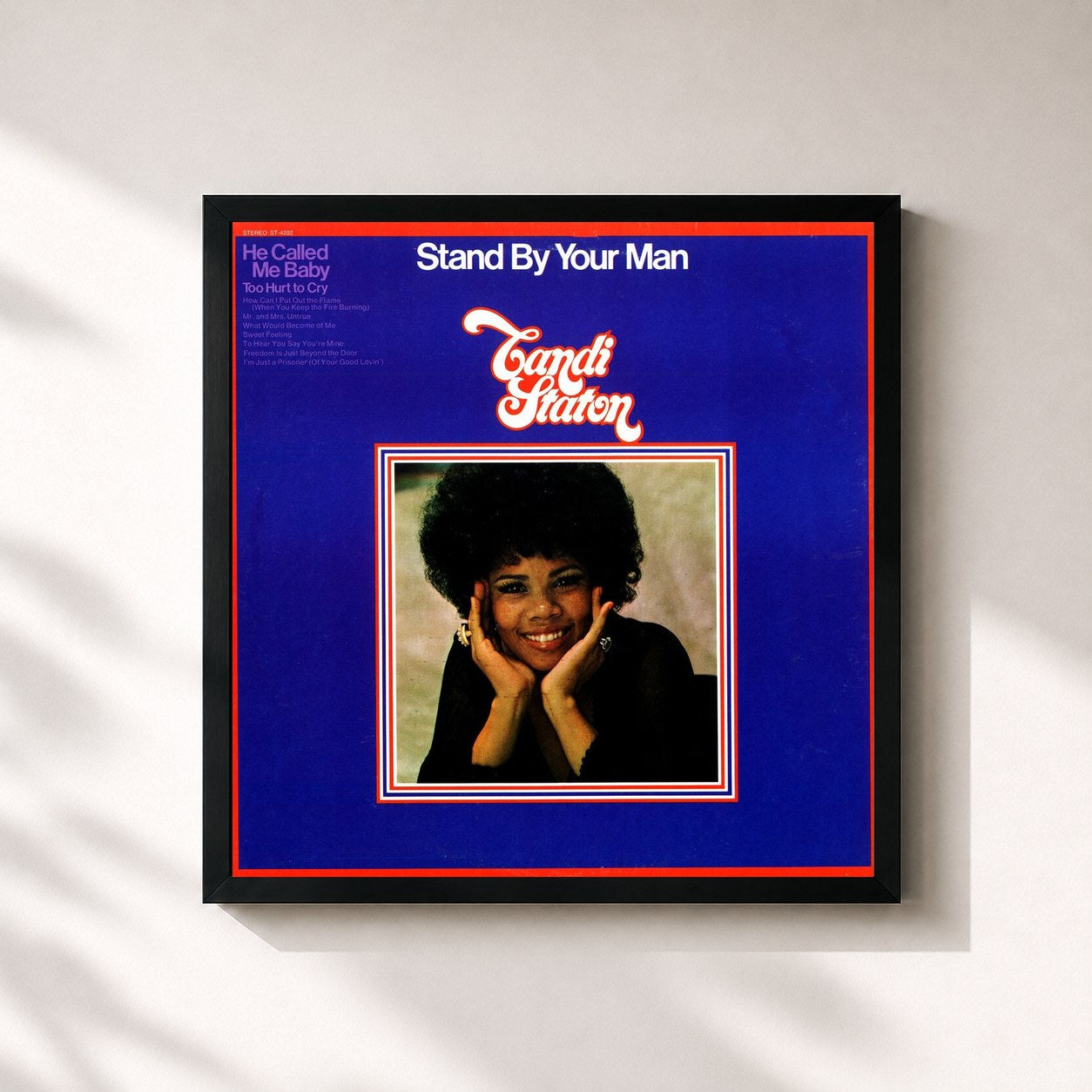 #noir Tableau carré de l'album Stand By Your Man de Candi Staton, cadre noir 32x32 cm