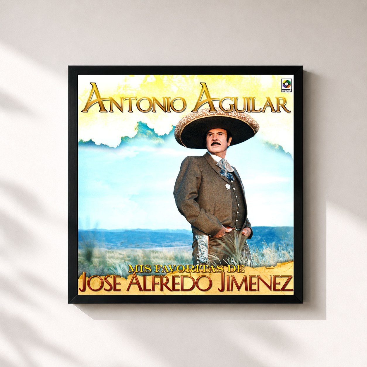 #noir Tableau carré de l'album Mis Favoritas de José Alfredo Jimenez de Antonio Aguilar, cadre noir 32x32 cm