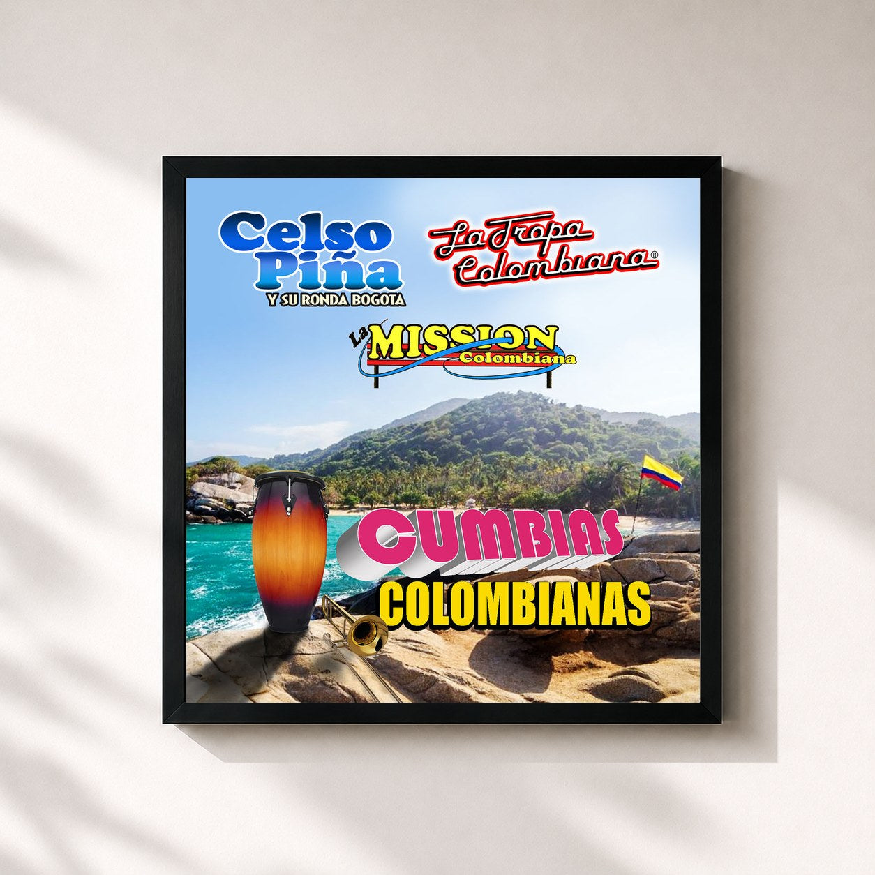 #noir Tableau carré de l'album Cumbias Colombianas de Celso Piña, cadre noir 32x32 cm