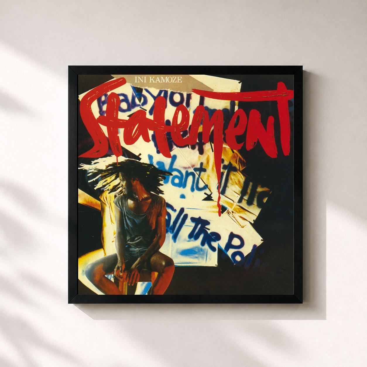 #noir Tableau carré de l'album Statement de Ini Kamoze, cadre noir 32x32 cm