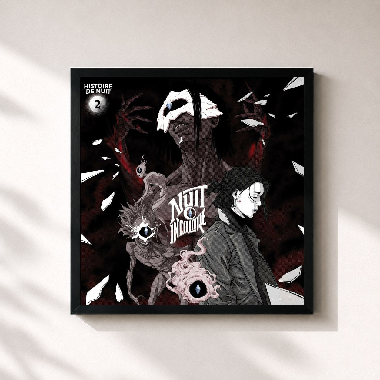 #noir Tableau carré de l'album Histoire de Nuit 2 de Nuit Incolore, cadre noir 32x32 cm