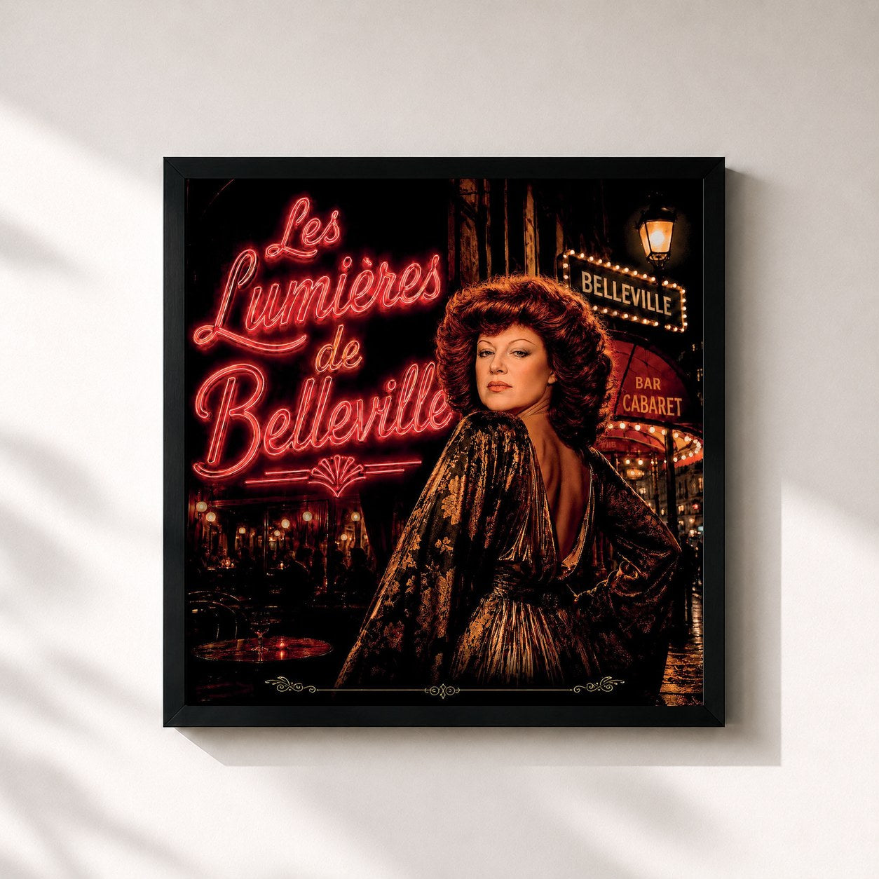 #noir Tableau carré de l'album Les lumières de Belleville de Régine, cadre noir 32x32 cm