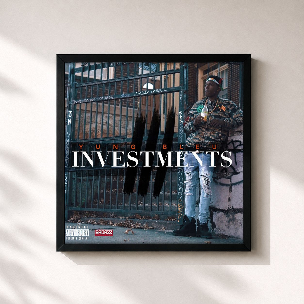 #noir Tableau carré de l'album Investments 3 de Yung Bleu, cadre noir 32x32 cm
