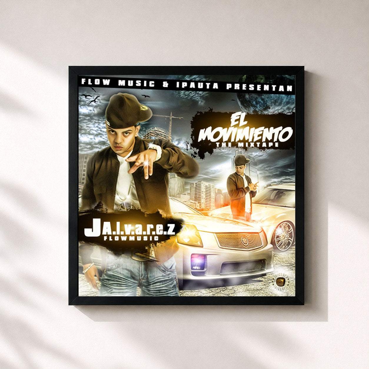 #noir Tableau carré de l'album El Movimiento: The Mixtape de J Alvarez, cadre noir 32x32 cm