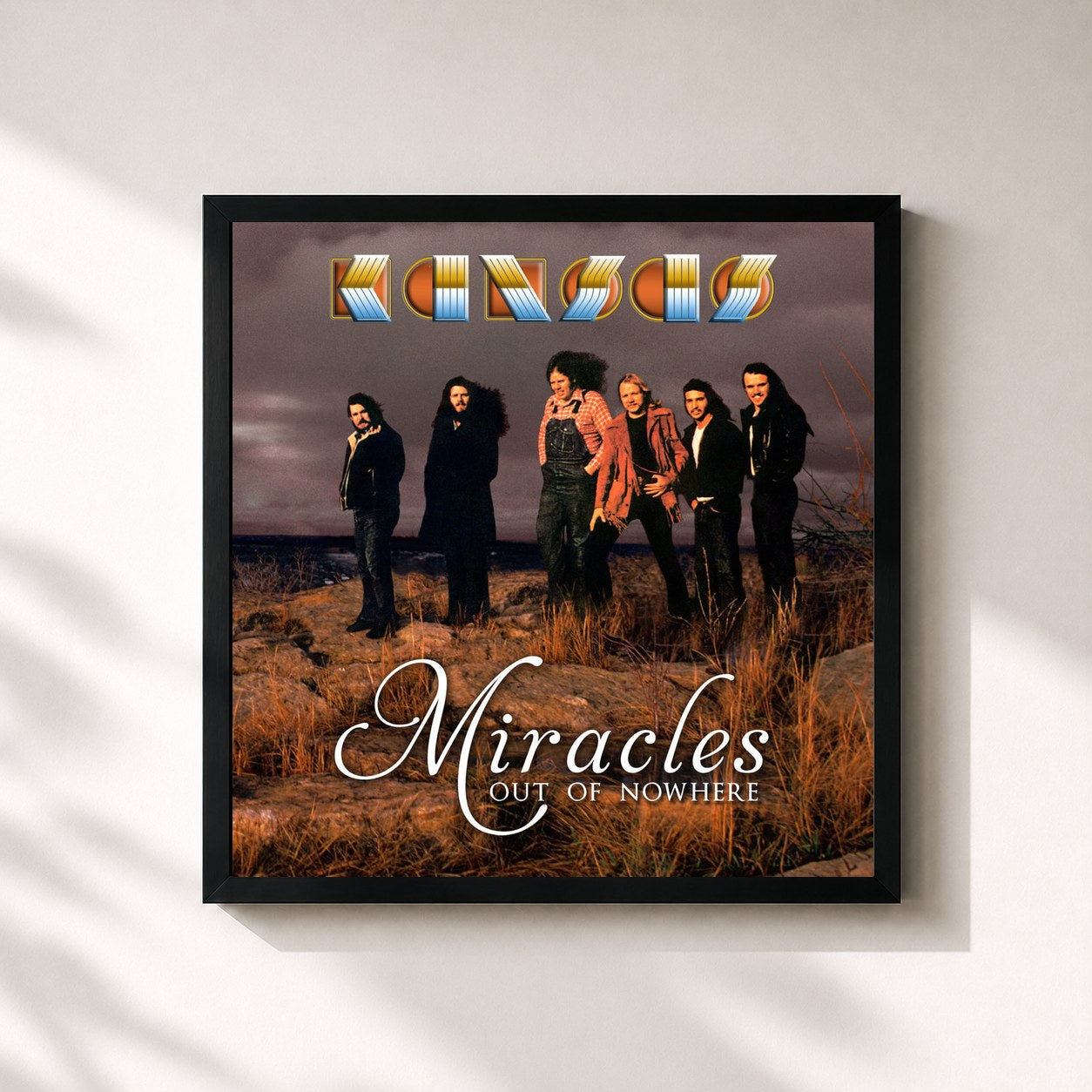 #noir Tableau carré de l'album Miracles Out of Nowhere de Kansas, cadre noir 32x32 cm