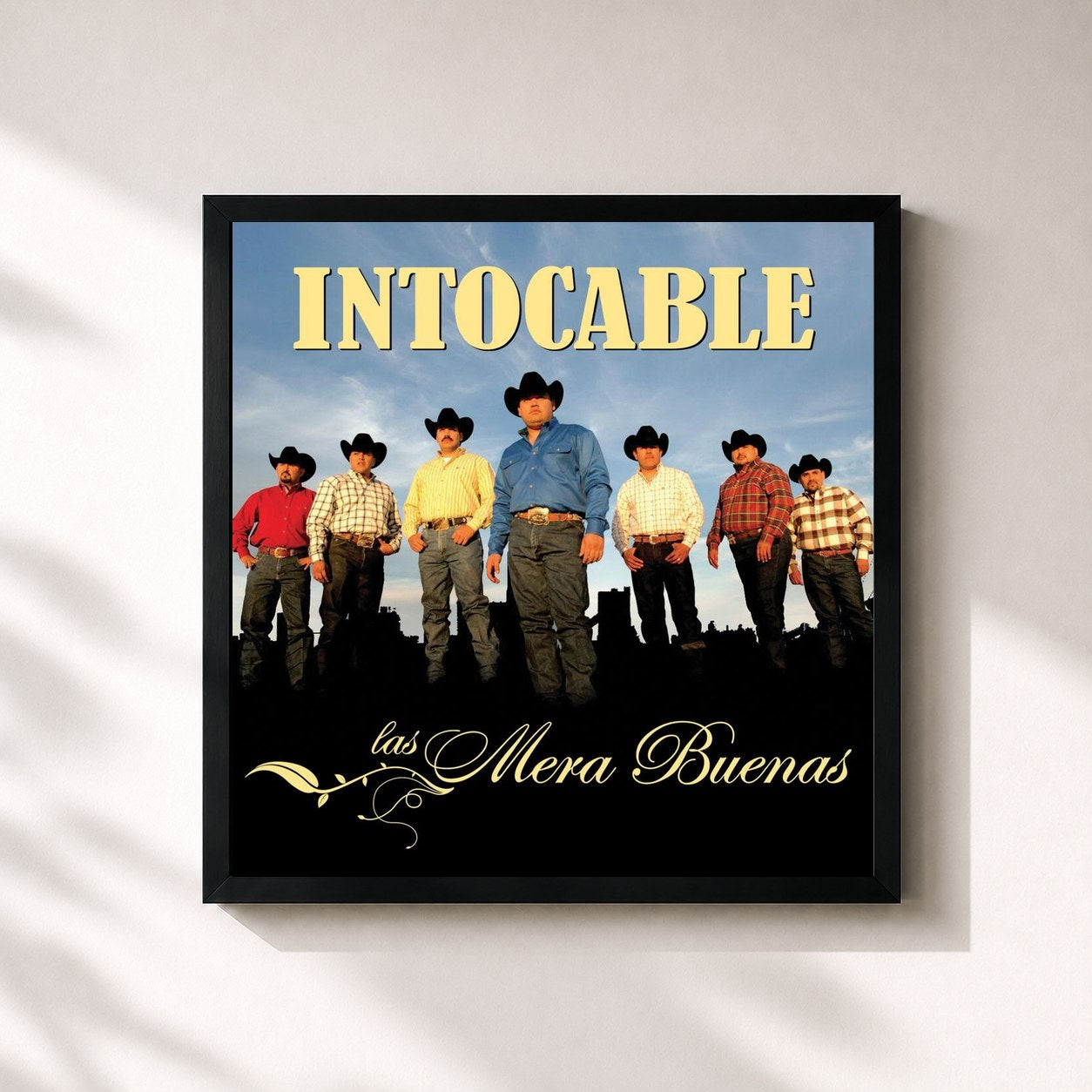 #noir Tableau carré de l'album Las Mera Buenas de Intocable, cadre noir 32x32 cm