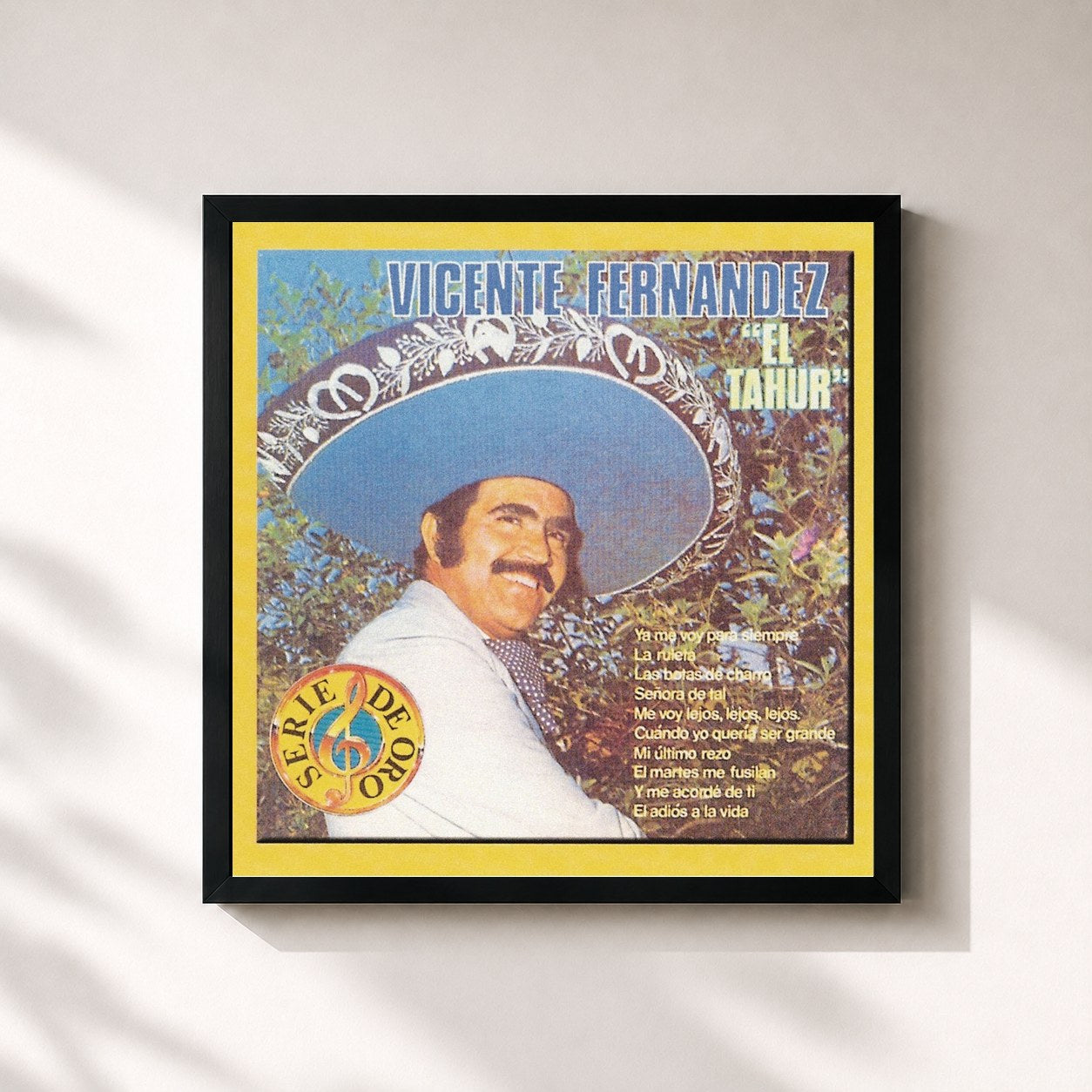 #noir Tableau carré de l'album El Tahur de Vicente Fernández, cadre noir 32x32 cm