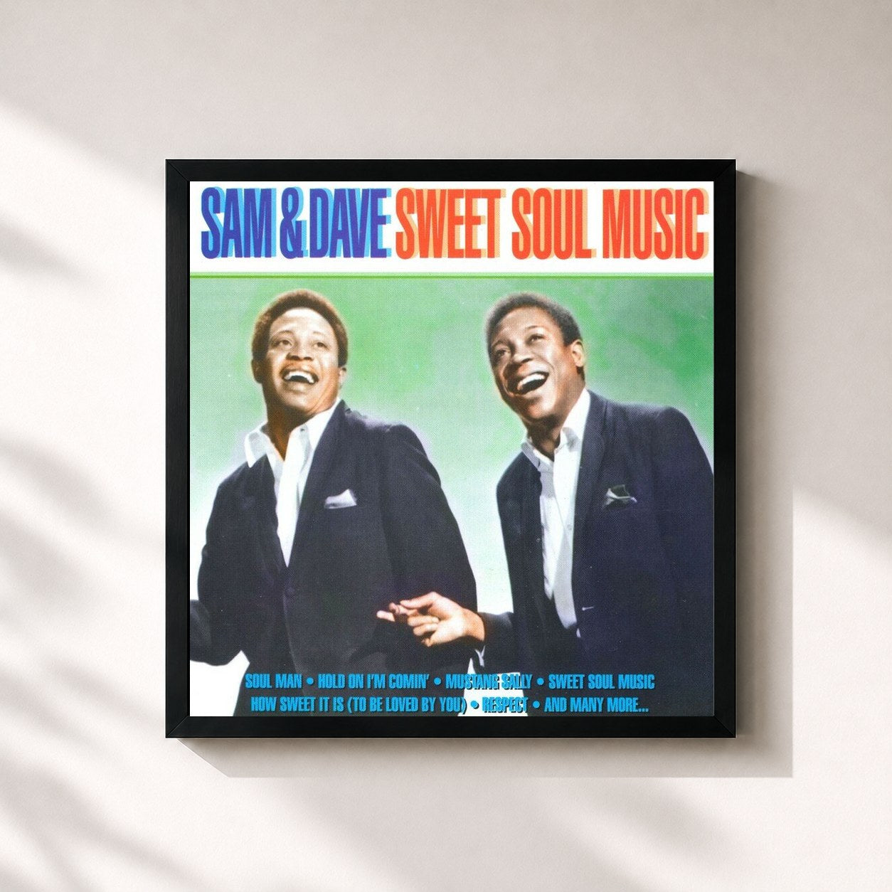 #noir Tableau carré de l'album Sweet Soul Music de Sam & Dave, cadre noir 32x32 cm