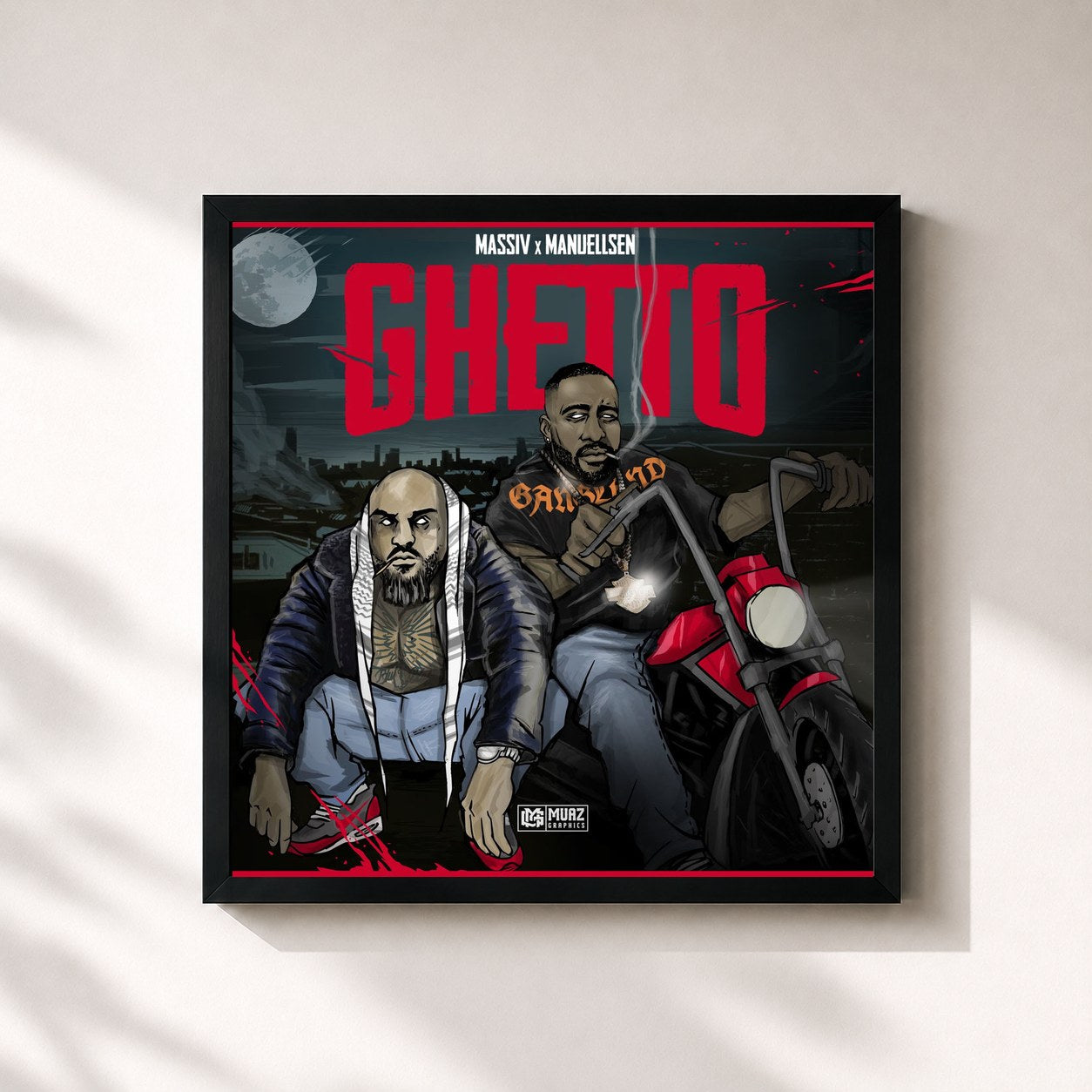#noir Tableau carré de l'album GHETTO de Massiv, cadre noir 32x32 cm
