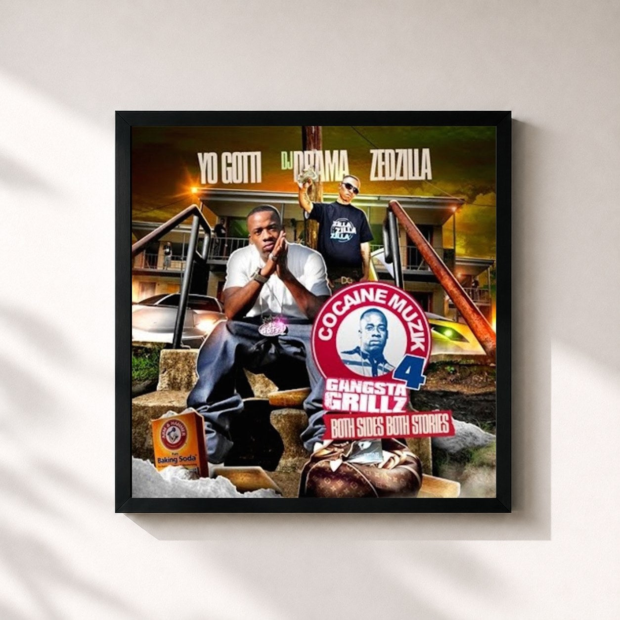 #noir Tableau carré de l'album Cocaine Muzik 4: Gangsta Grillz de Yo Gotti, cadre noir 32x32 cm