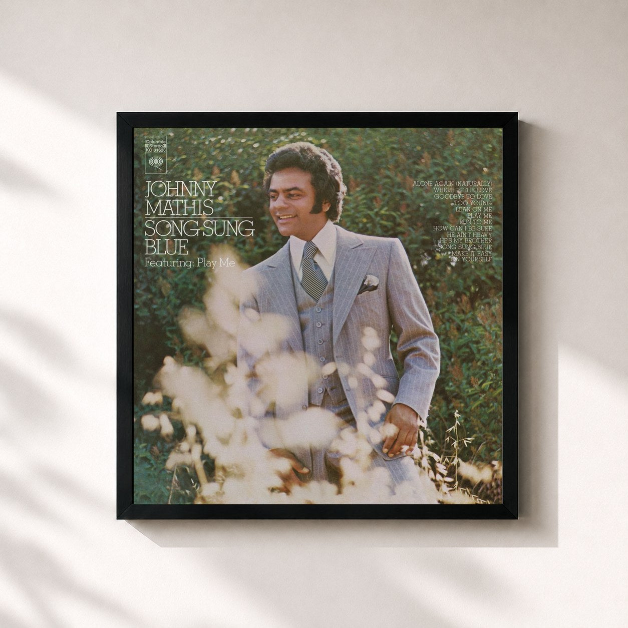 #noir Tableau carré de l'album Song Sung Blue de Johnny Mathis, cadre noir 32x32 cm