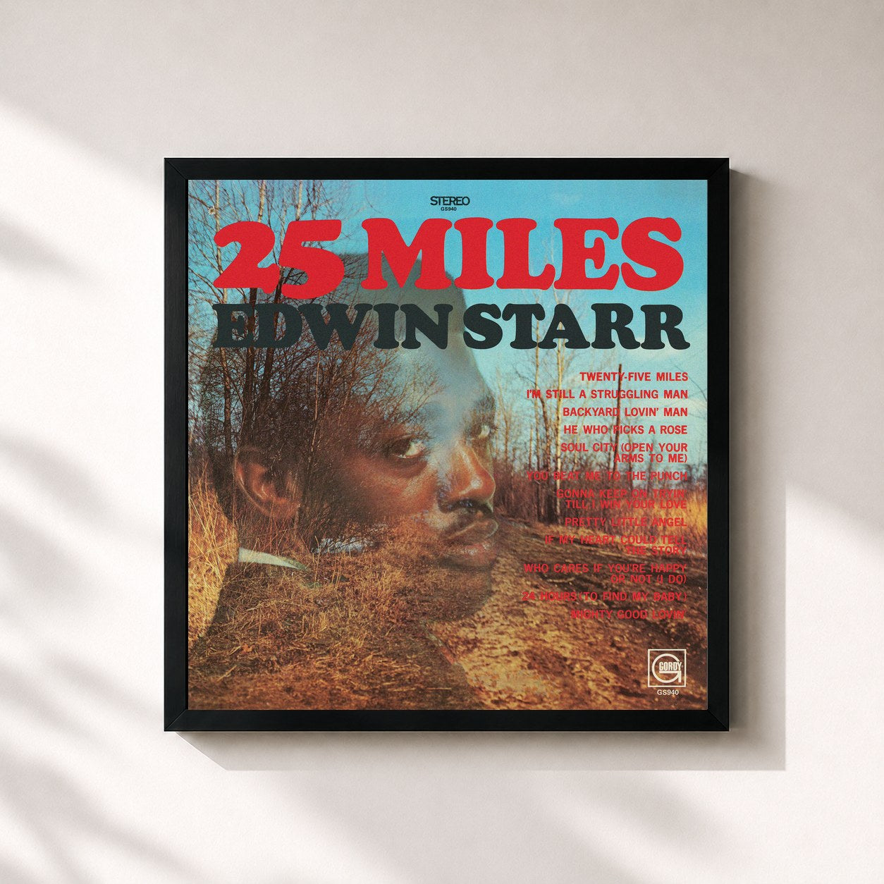 #noir Tableau carré de l'album 25 Miles de Edwin Starr, cadre noir 32x32 cm