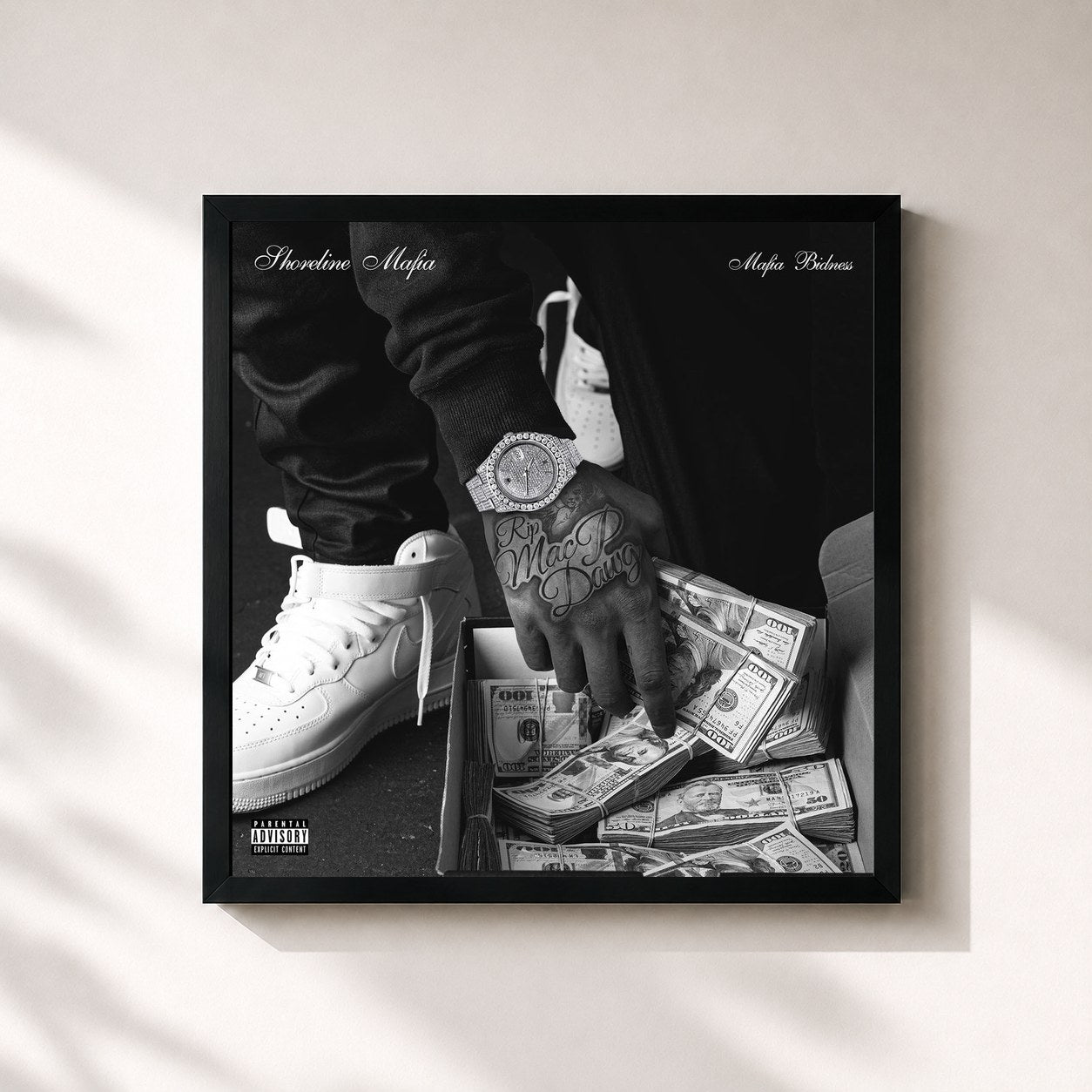 #noir Tableau carré de l'album Mafia Bidness de Shoreline Mafia, cadre noir 32x32 cm