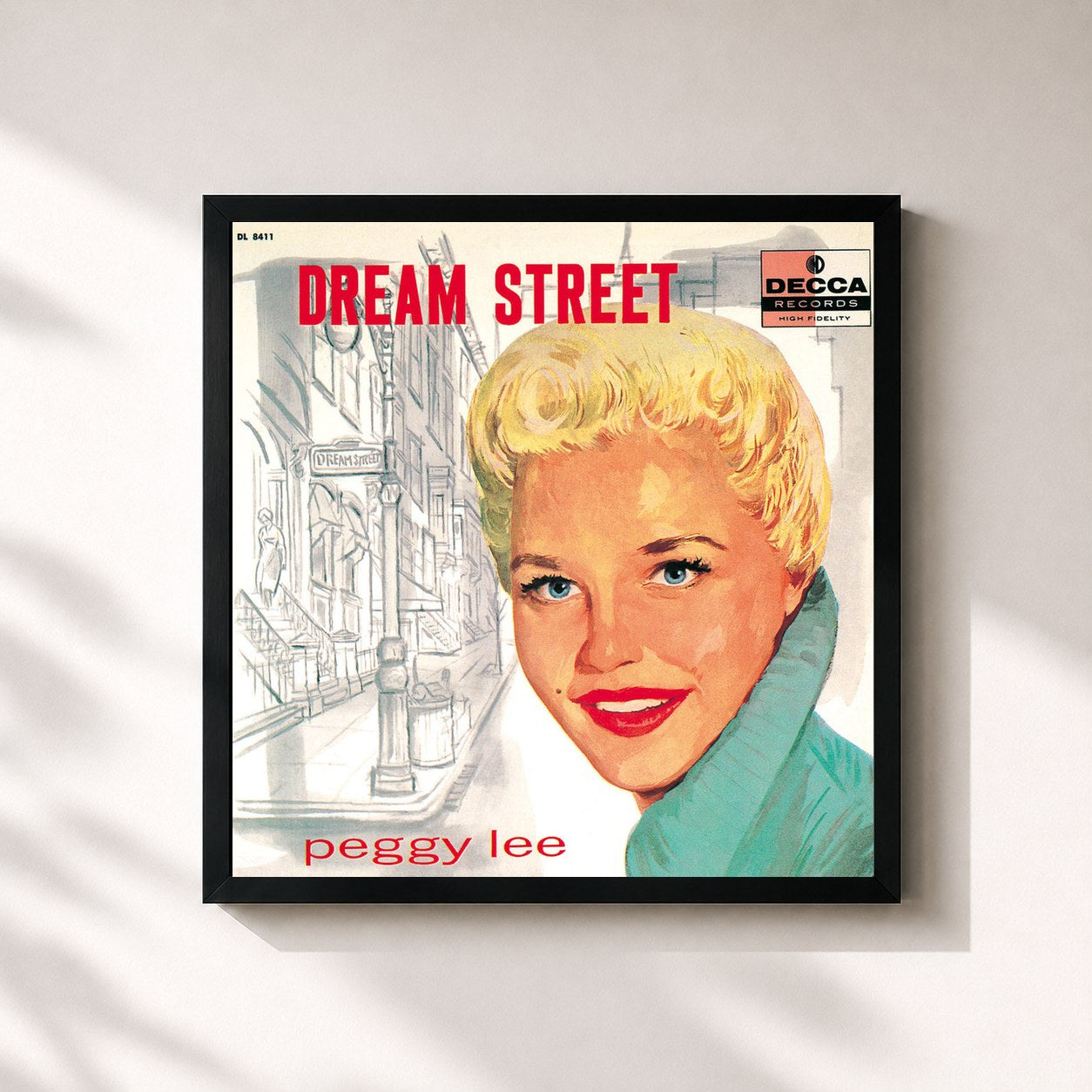 #noir Tableau carré de l'album Dream Street de Peggy Lee, cadre noir 32x32 cm