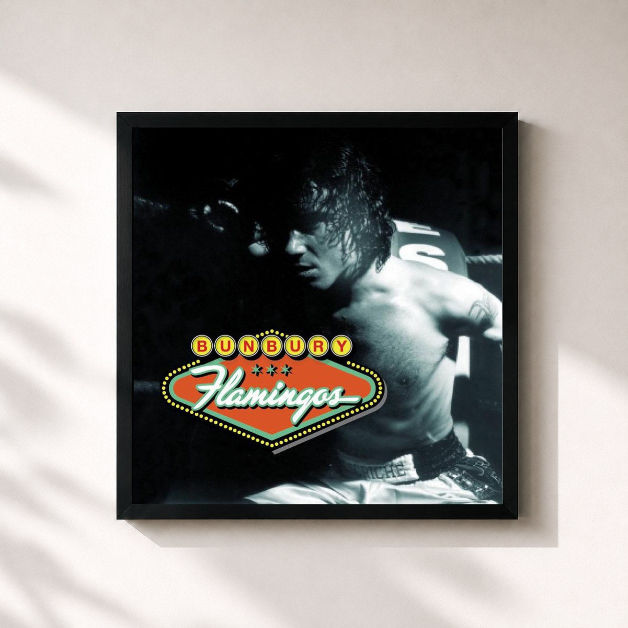 #noir Tableau carré de l'album Flamingos de Bunbury, cadre noir 32x32 cm
