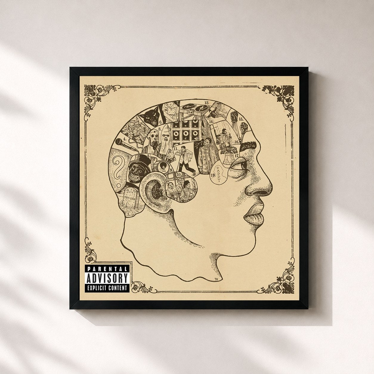 #noir Tableau carré de l'album Phrenology de The Roots, cadre noir 32x32 cm