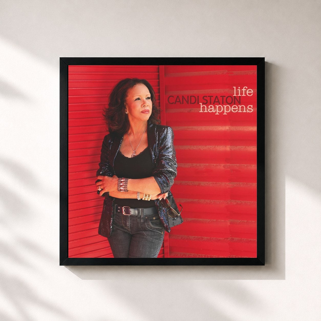 #noir Tableau carré de l'album Life Happens de Candi Staton, cadre noir 32x32 cm