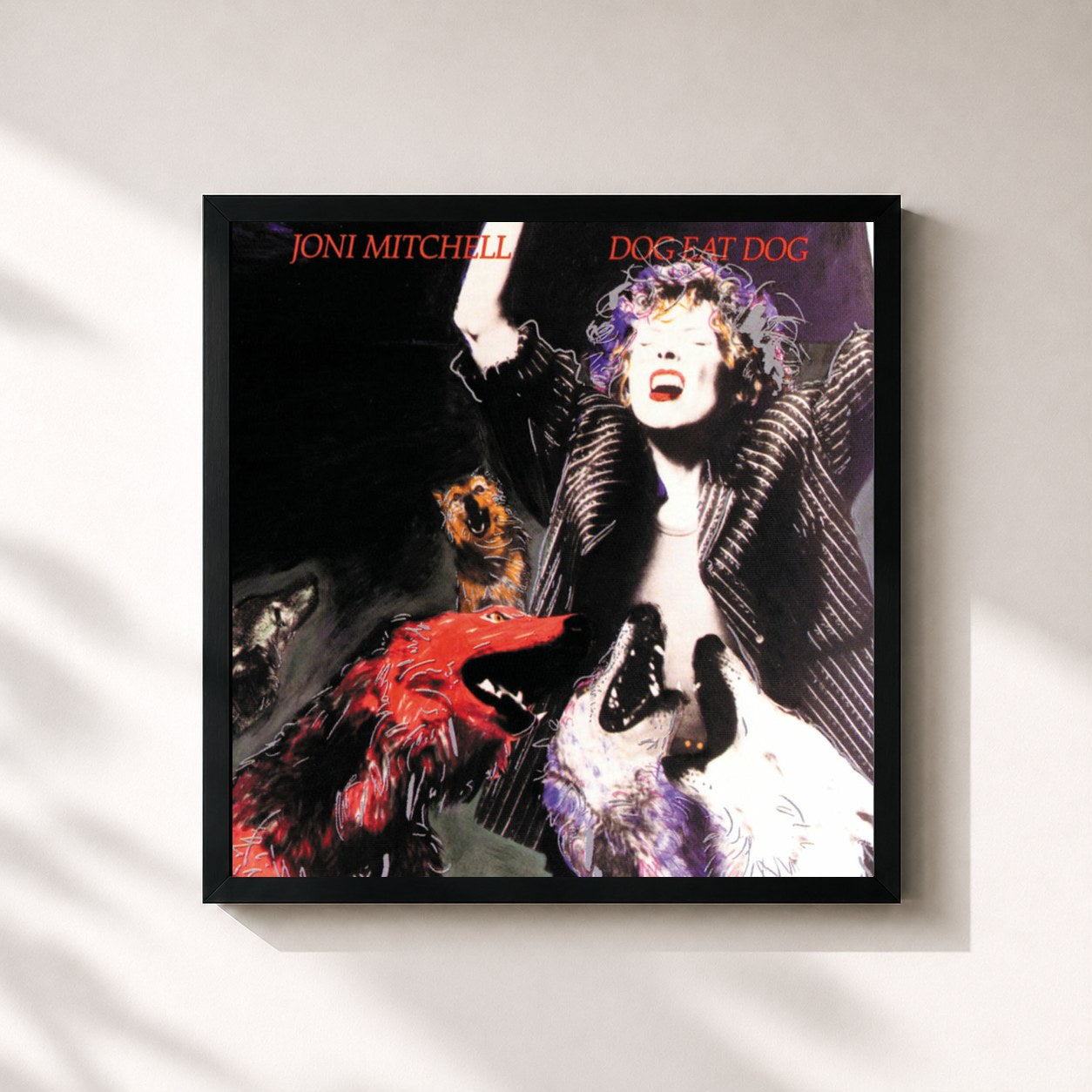 #noir Tableau carré de l'album Dog Eat Dog de Joni Mitchell, cadre noir 32x32 cm
