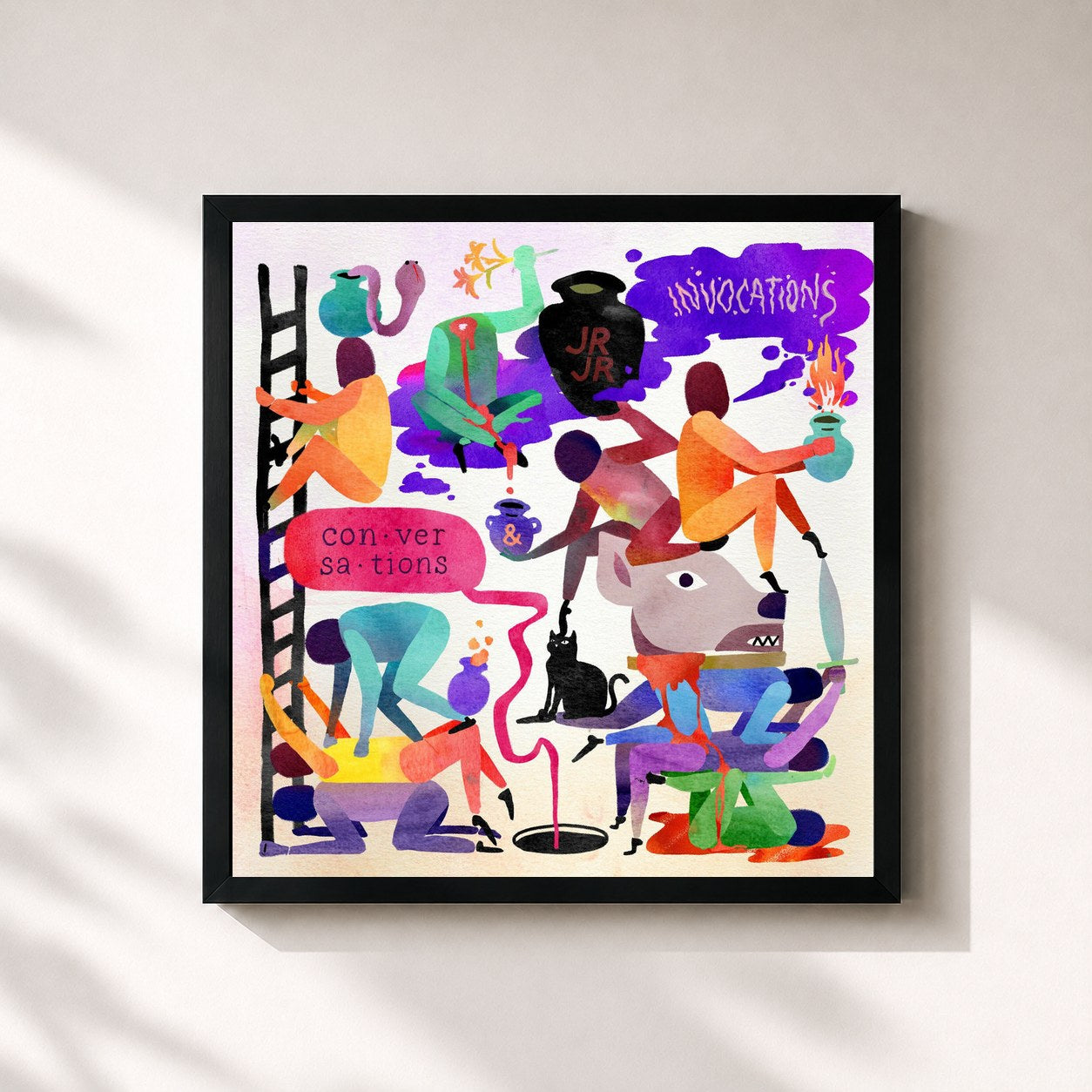 #noir Tableau carré de l'album Invocations, Conversations de Jr Jr, cadre noir 32x32 cm