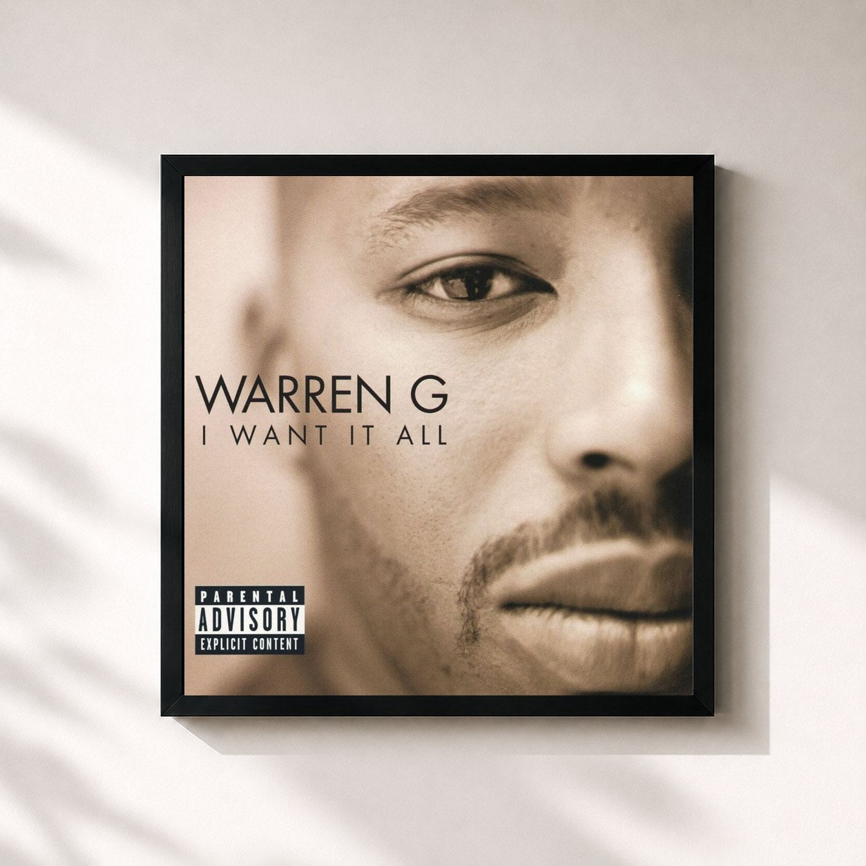 #noir Tableau carré de l'album I Want It All de Warren G, cadre noir 32x32 cm