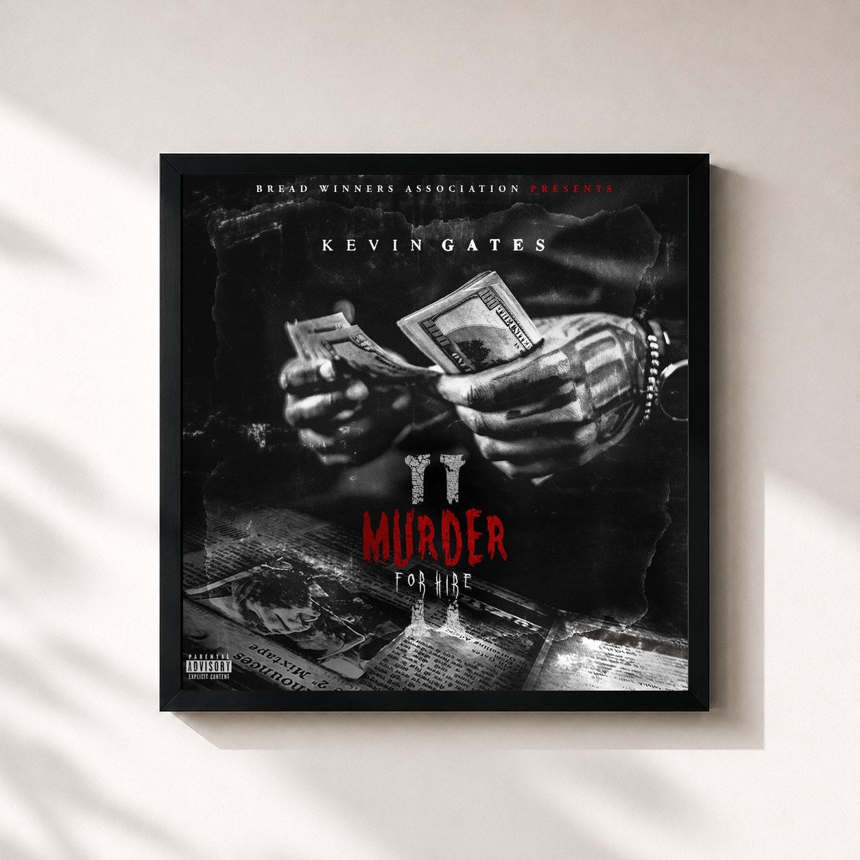 #noir Tableau carré de l'album Murder for Hire 2 de Kevin Gates, cadre noir 32x32 cm
