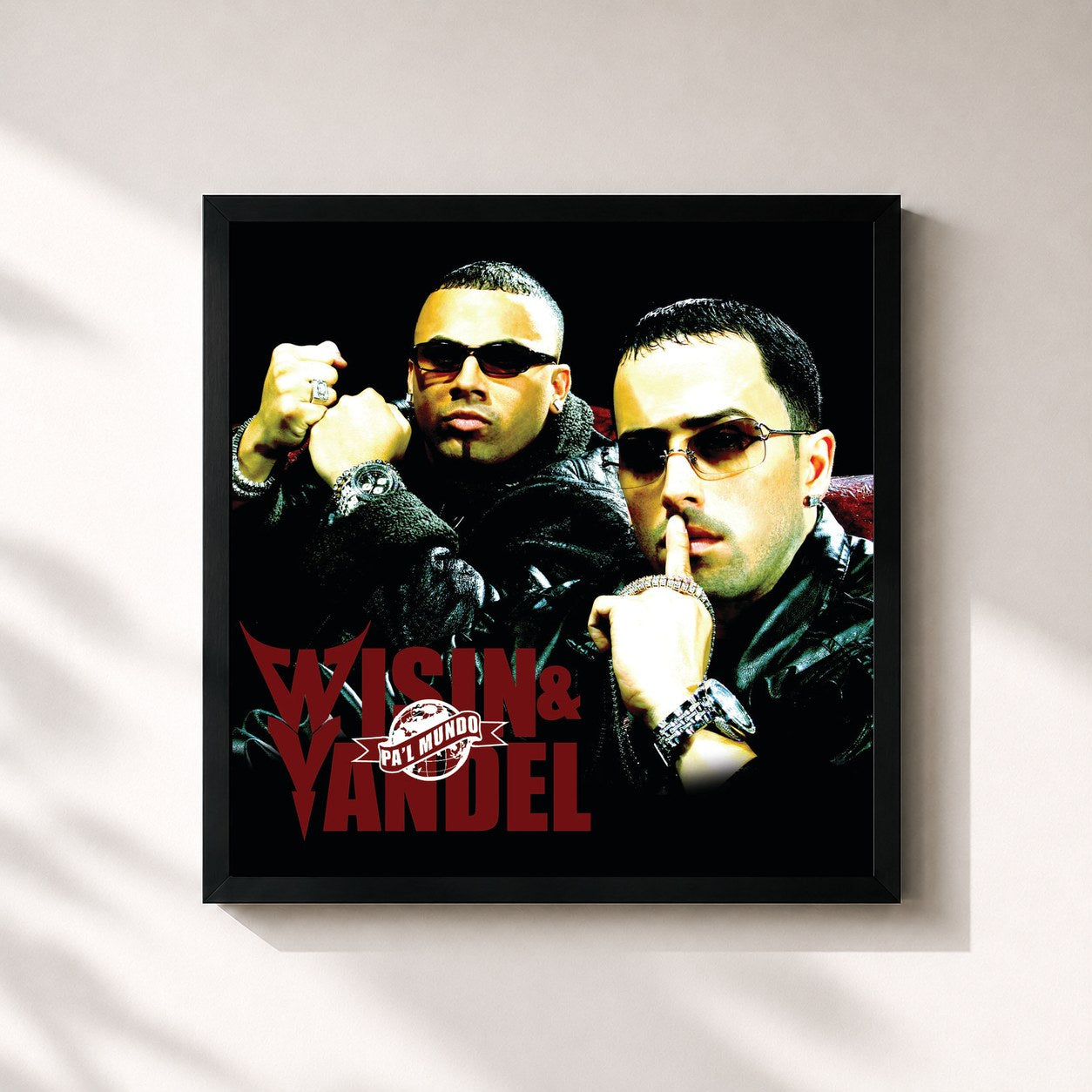 #noir Tableau carré de l'album Pa'l Mundo de Wisin & Yandel, cadre noir 32x32 cm