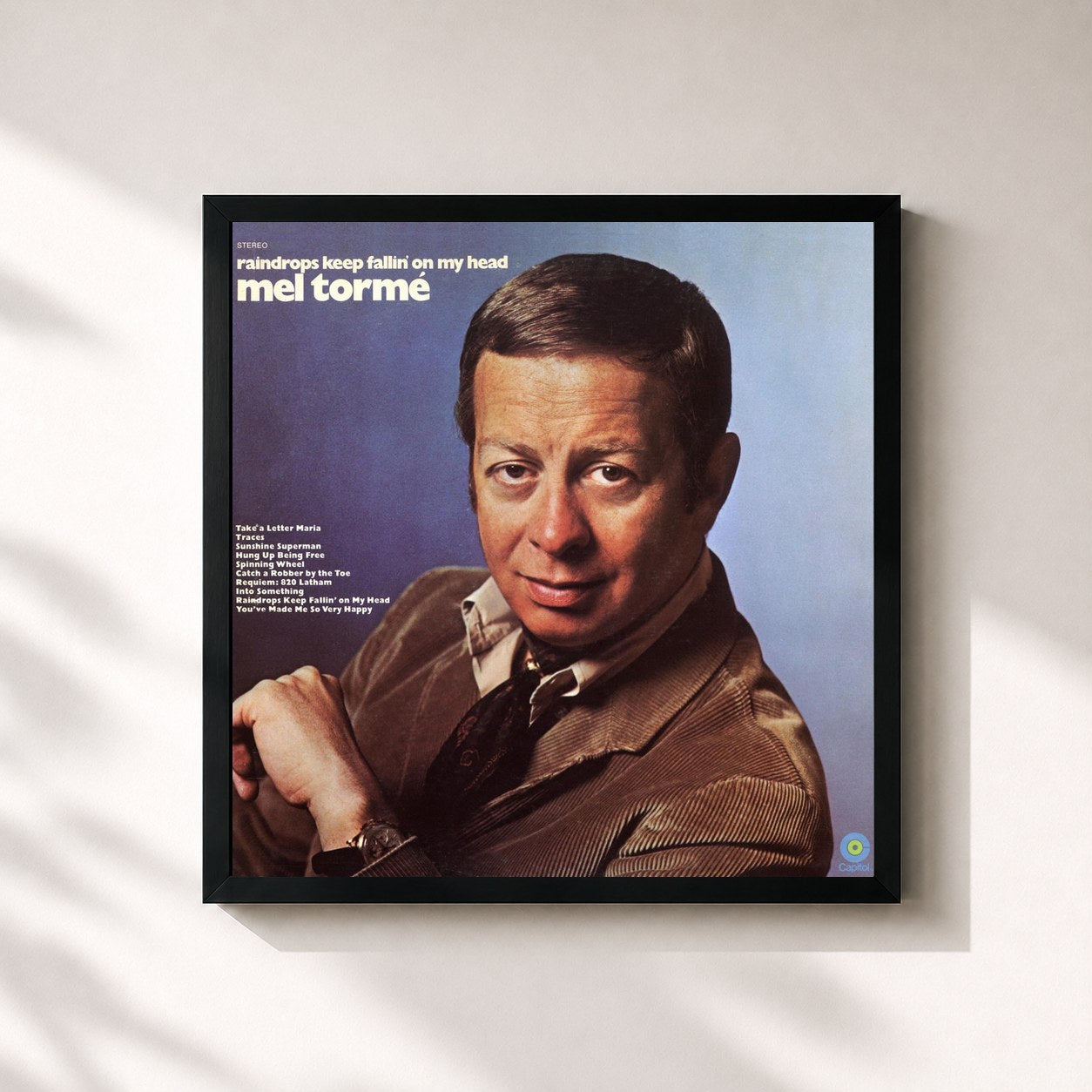 #noir Tableau carré de l'album Raindrops Keep Fallin' On My Head de Mel Tormé, cadre noir 32x32 cm