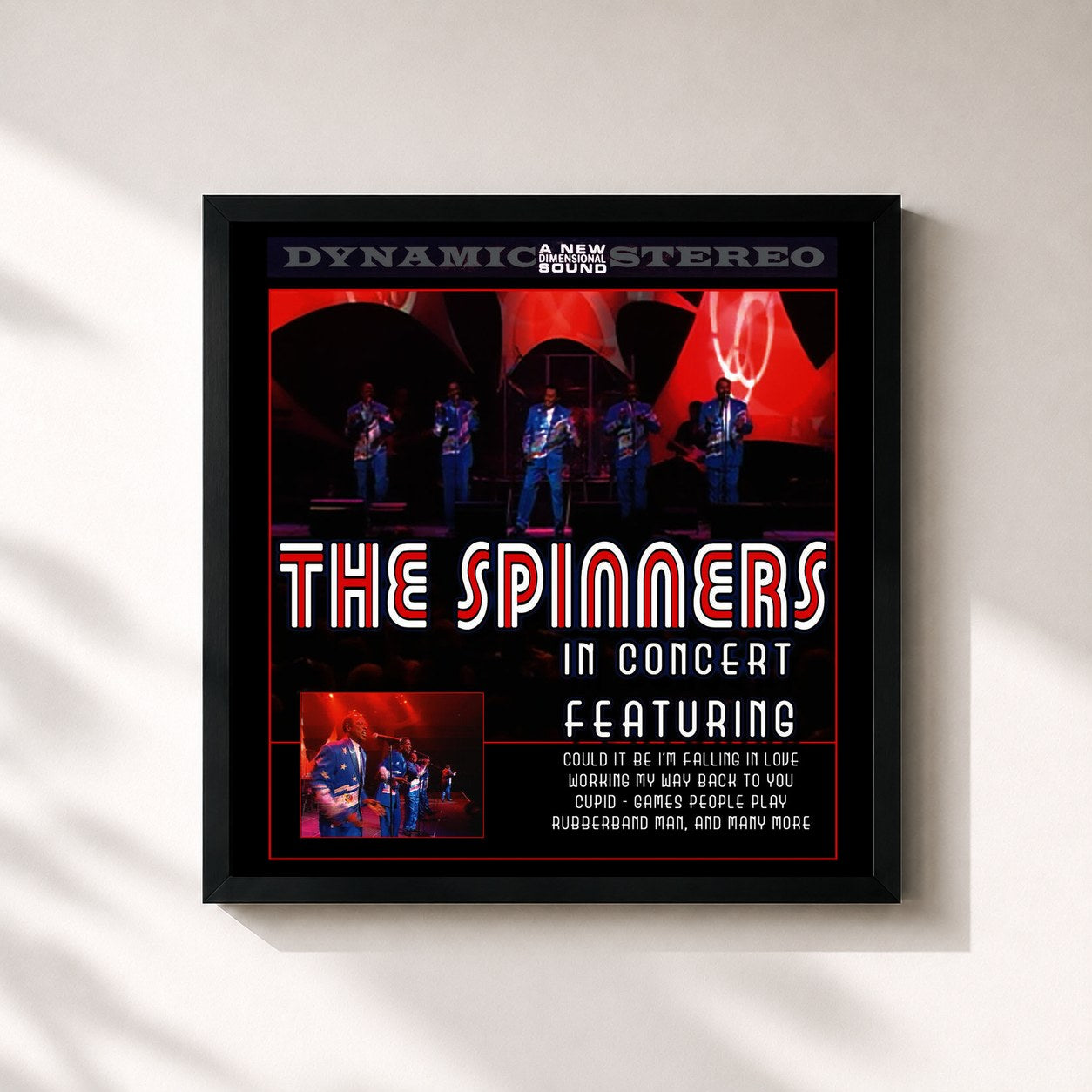#noir Tableau carré de l'album In Concert de The Spinners, cadre noir 32x32 cm