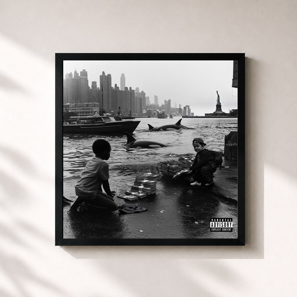 #noir Tableau carré de l'album The Killah Whales of Gotham de GASHI, cadre noir 32x32 cm