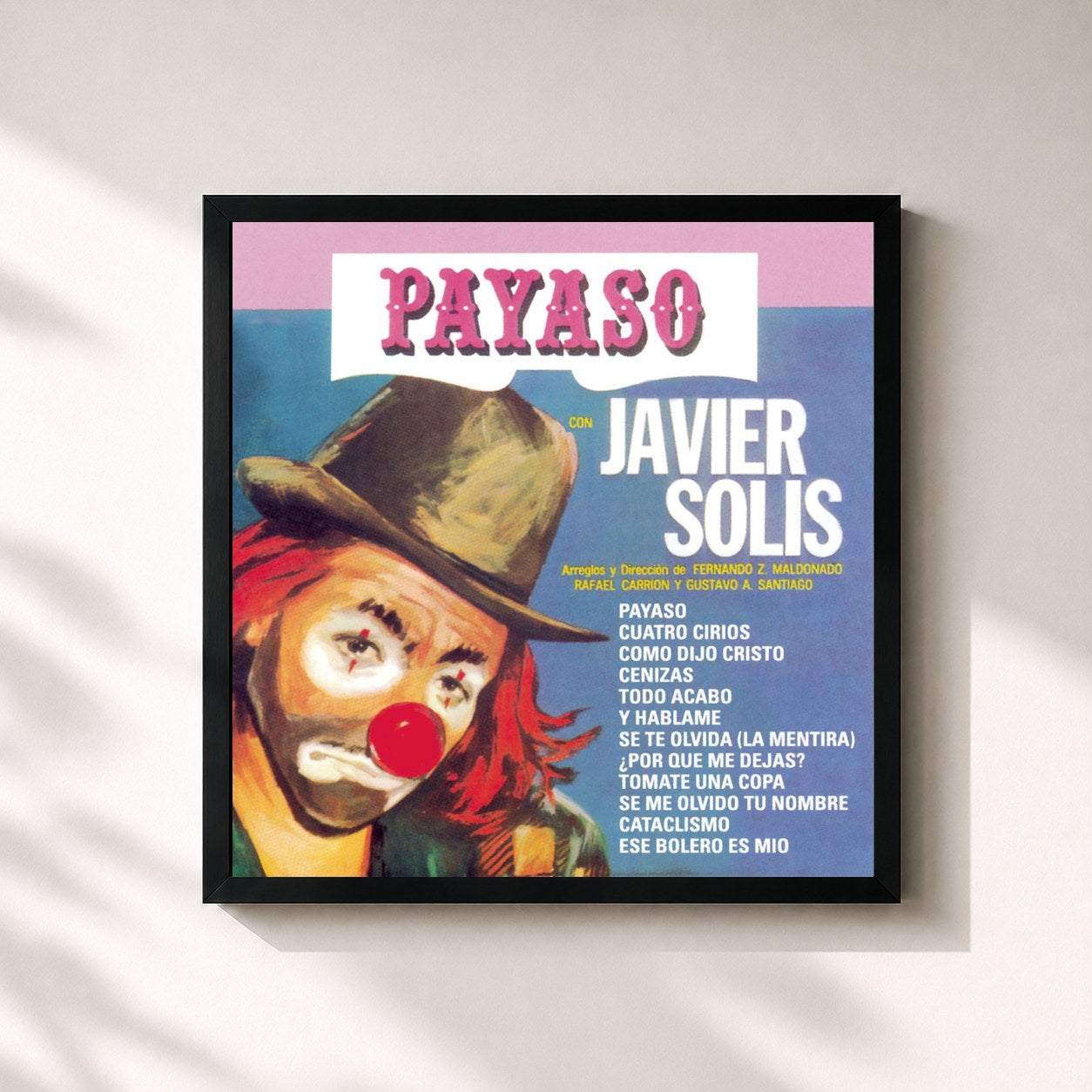 #noir Tableau carré de l'album Payaso de Javier Solis, cadre noir 32x32 cm