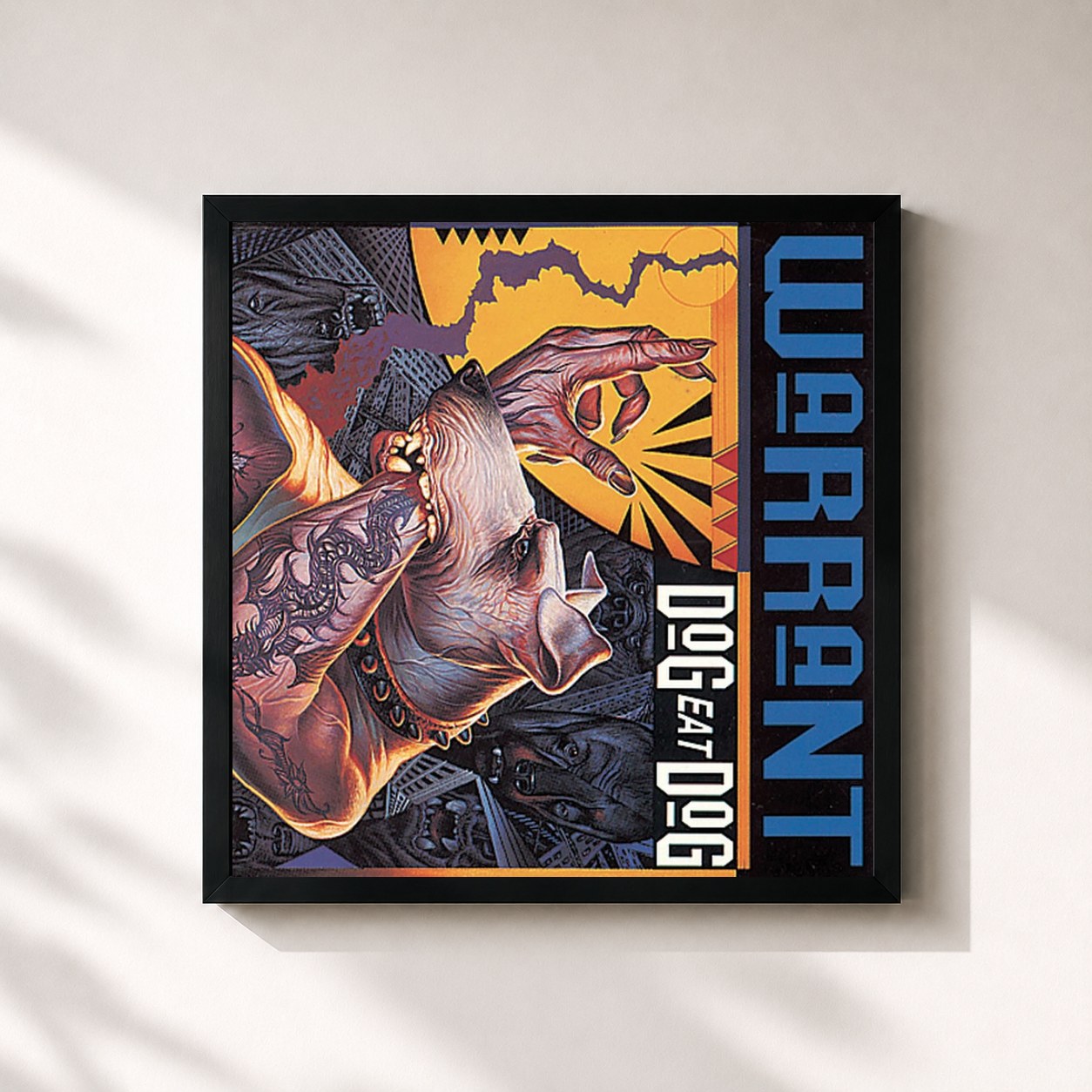 #noir Tableau carré de l'album Dog Eat Dog de Warrant, cadre noir 32x32 cm