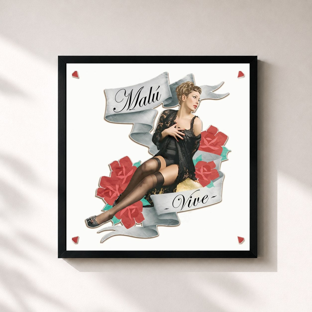 #noir Tableau carré de l'album Vive de Malú, cadre noir 32x32 cm