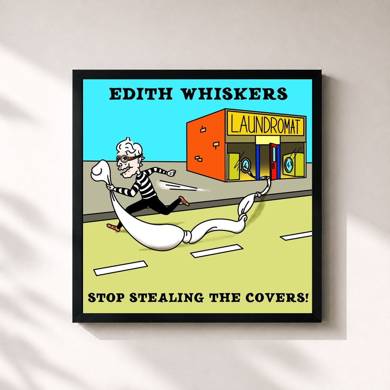 #noir Tableau carré de l'album Stop Stealing The Covers! de Edith Whiskers, cadre noir 32x32 cm