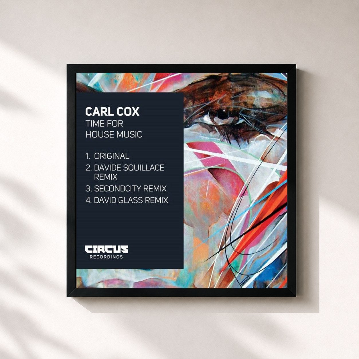 #noir Tableau carré de l'album Time for House Music de Carl Cox, cadre noir 32x32 cm