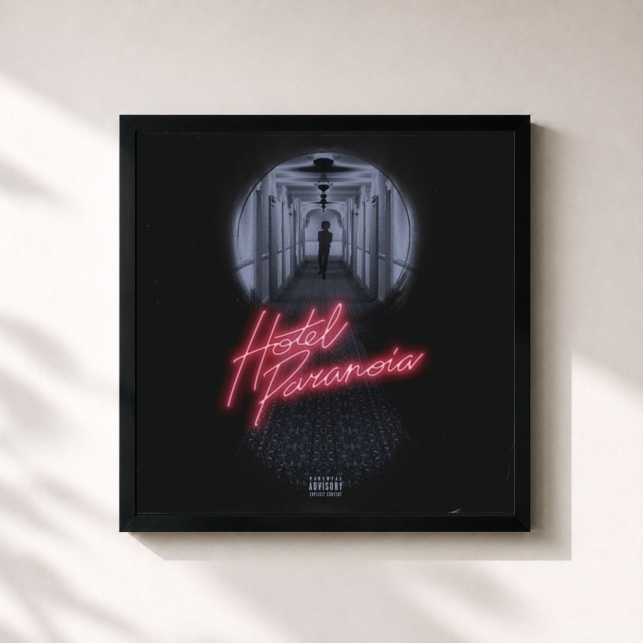 #noir Tableau carré de l'album Hotel Paranoia de Jazz Cartier, cadre noir 32x32 cm