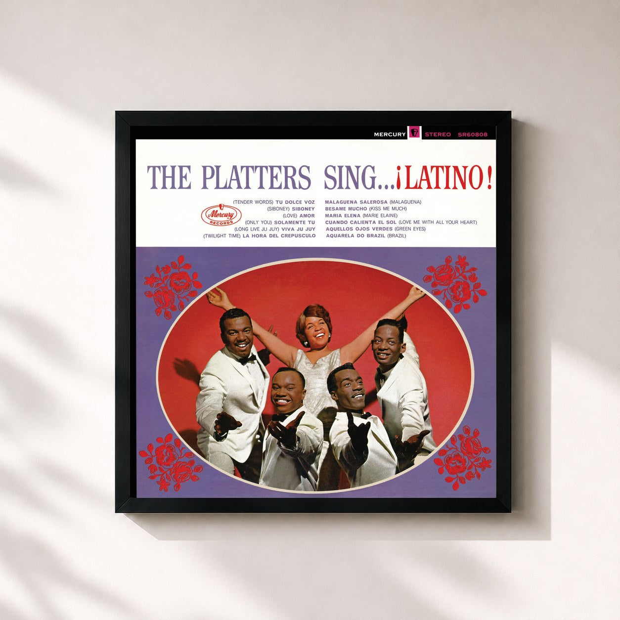 #noir Tableau carré de l'album The Platters Sing Latino de The Platters, cadre noir 32x32 cm