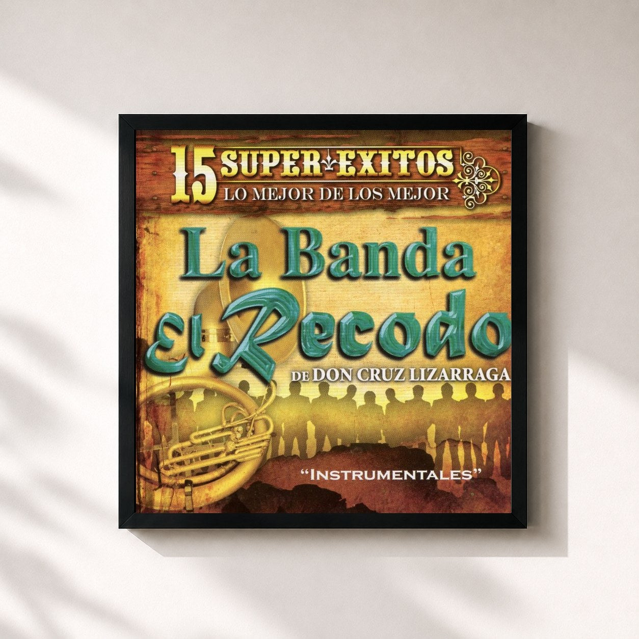 #noir Tableau carré de l'album 15 Instrumentales Con la Banda el Recodo de Banda El Recodo, cadre noir 32x32 cm