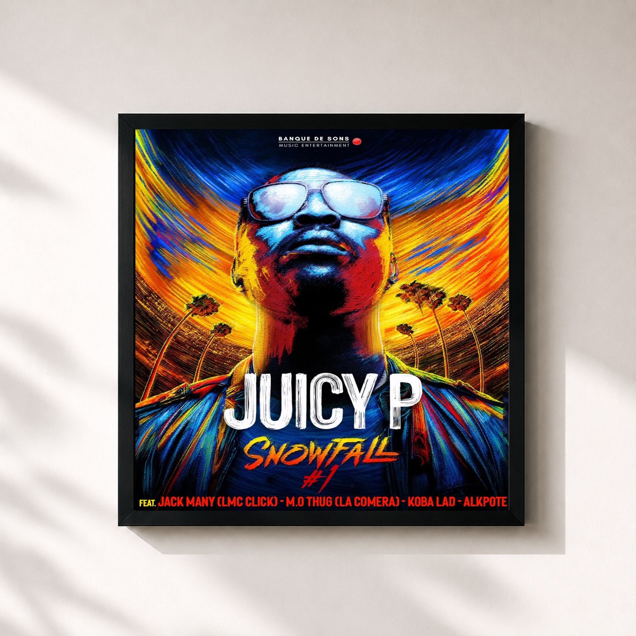 #noir Tableau carré de l'album Snowfall #1 de Juicy P, cadre noir 32x32 cm